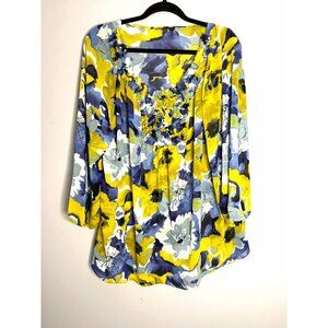 Anne Klein Womens Size 1X Yellow Blue Floral Blouse 3/4 Sleeve Bloomcore Cottage
